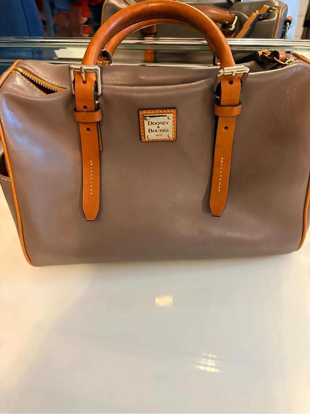 Dooney & Bourke Taupe Leather Brief with Tan Trim and Handles